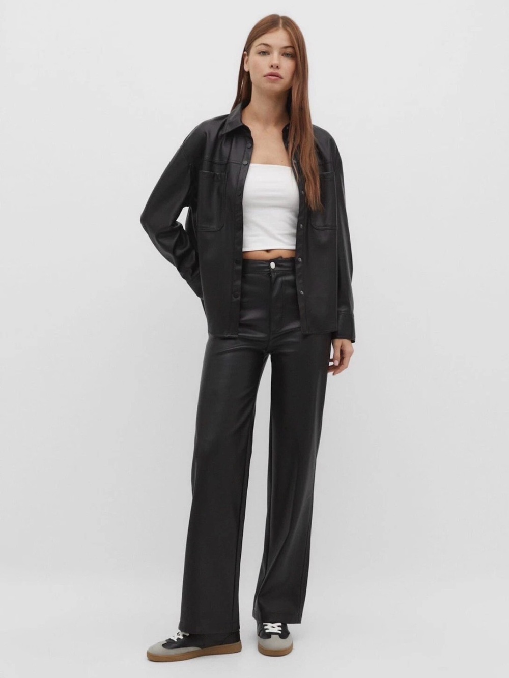 Stradivarius Black Faux Leather Pants High Rise Straight Leg Back Pockets Size 8
